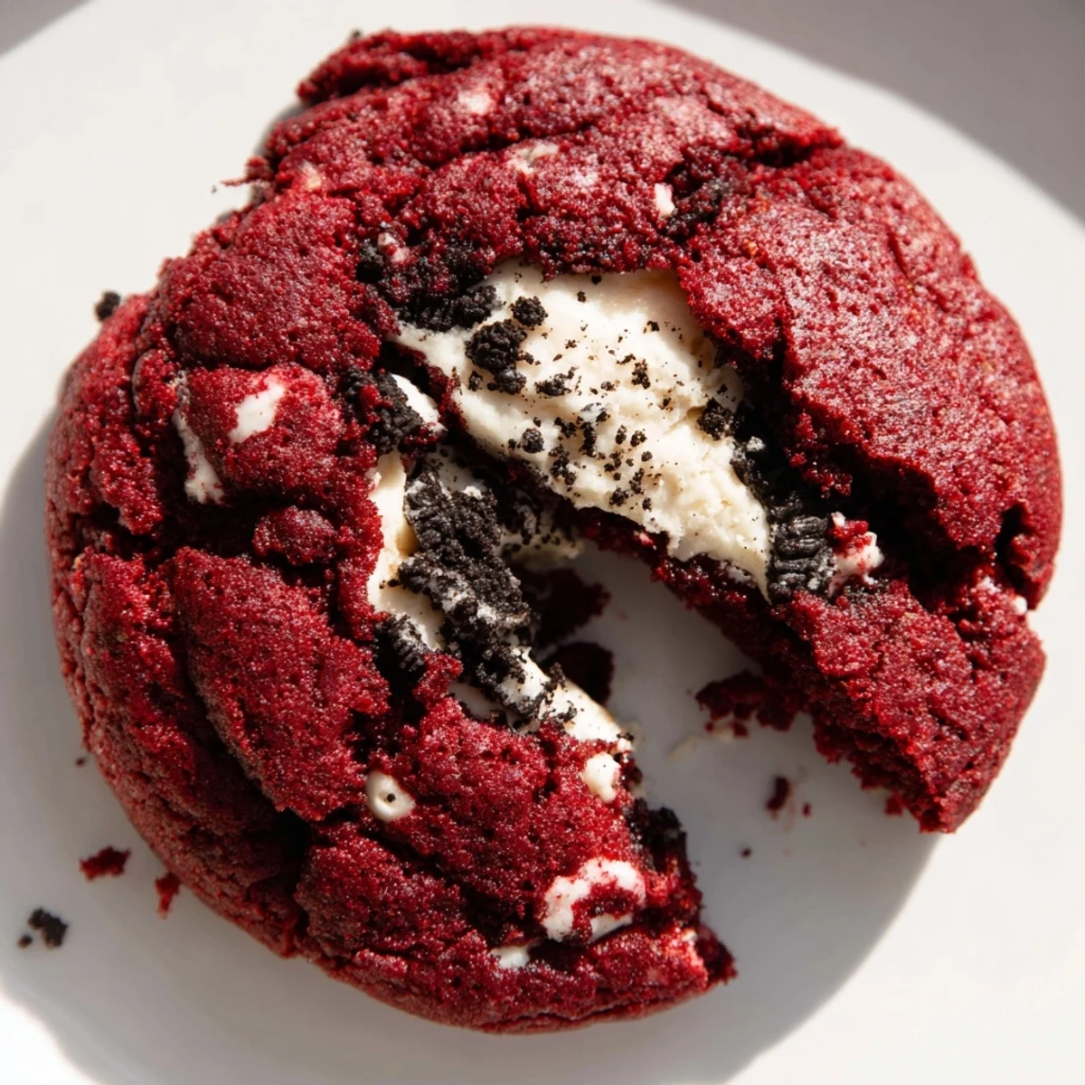 Plate of warm homemade red velvet Oreo cookies with crushed cookie pieces and sweet cream filling visible