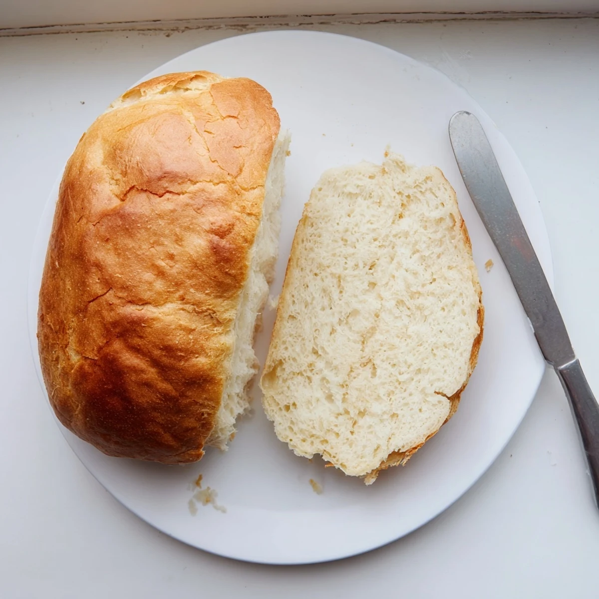Soft homemade stovetop bread loaf sliced to reveal tender white crumb ready for butter
