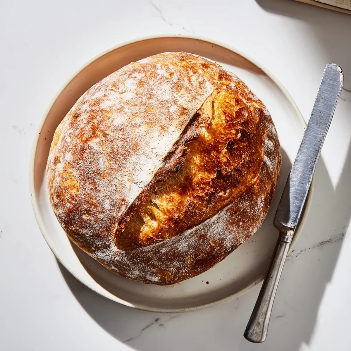 Golden artisan no knead bread loaf with crackly crust and chewy interior on wooden board