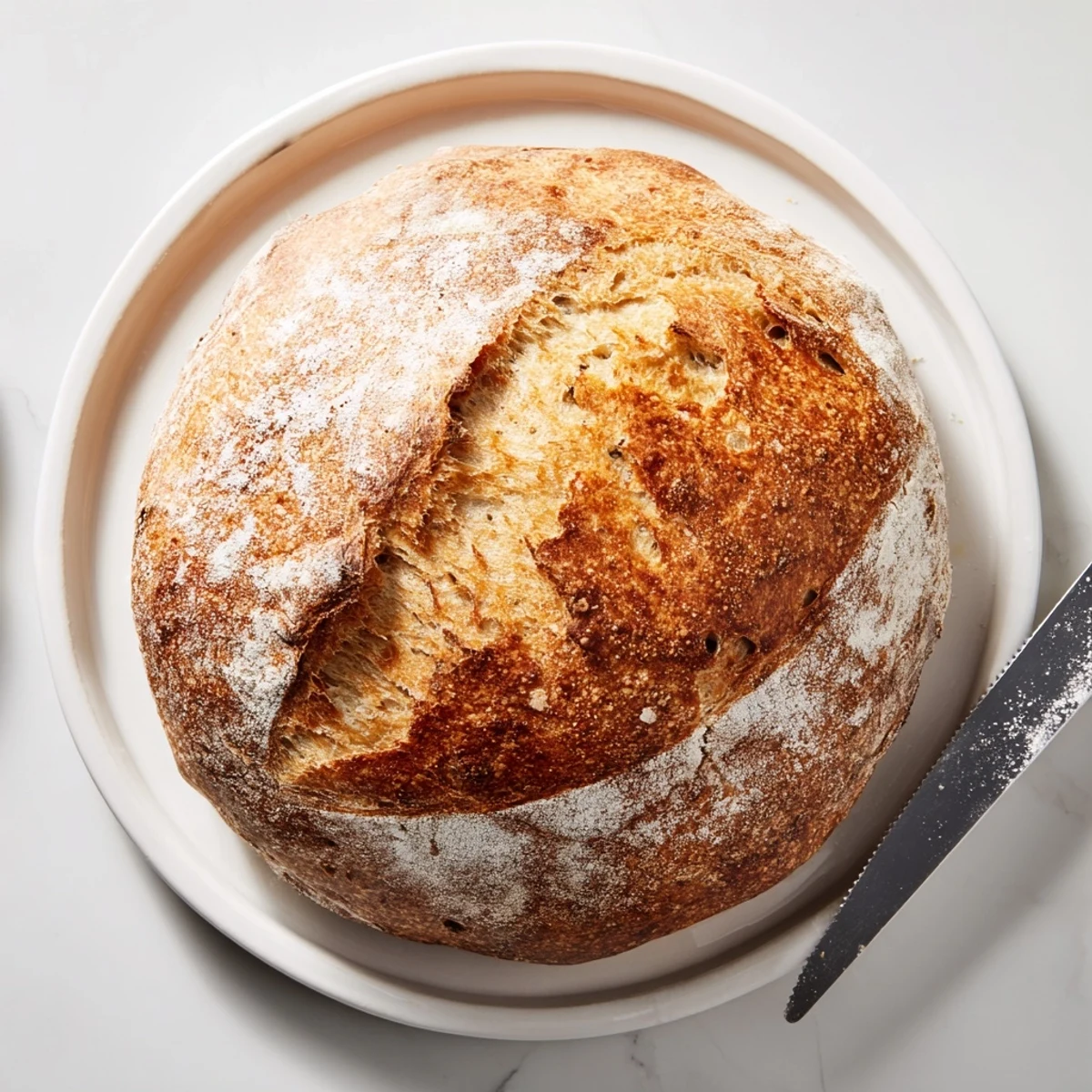Rustic no knead bread cooling on wire rack after baking in Dutch oven