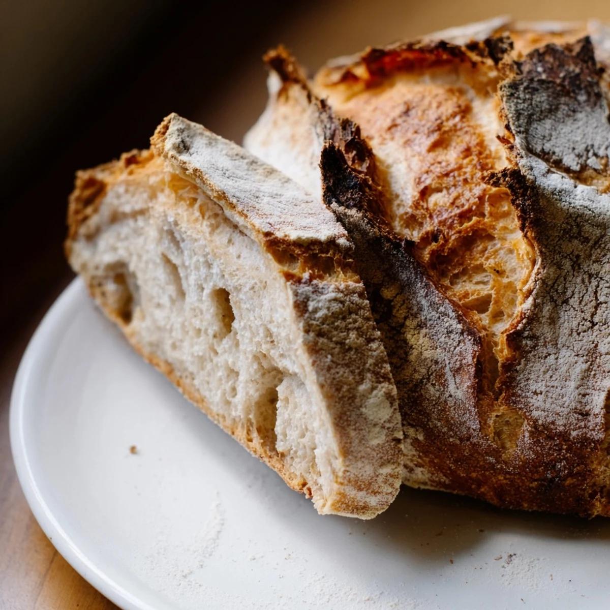 Golden crusty bread loaf with crackling exterior and soft airy interior, freshly baked on wooden cutting board