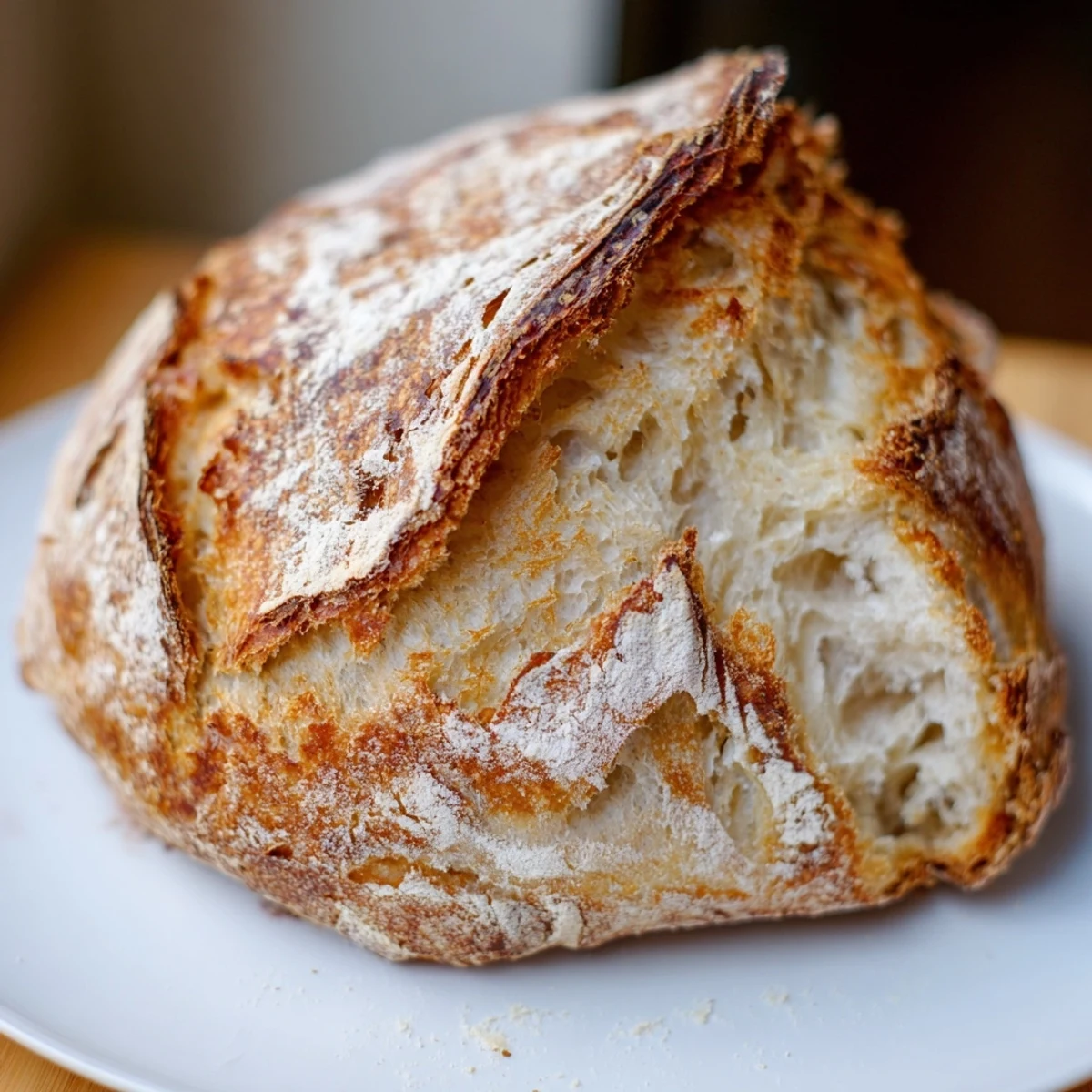 Rustic artisan crusty bread broken apart revealing chewy texture, perfect alongside steaming soup or buttered