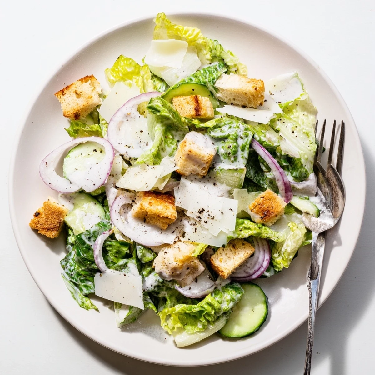 Fresh cucumber Caesar salad with crisp romaine, golden croutons, and creamy Parmesan dressing in a white bowl