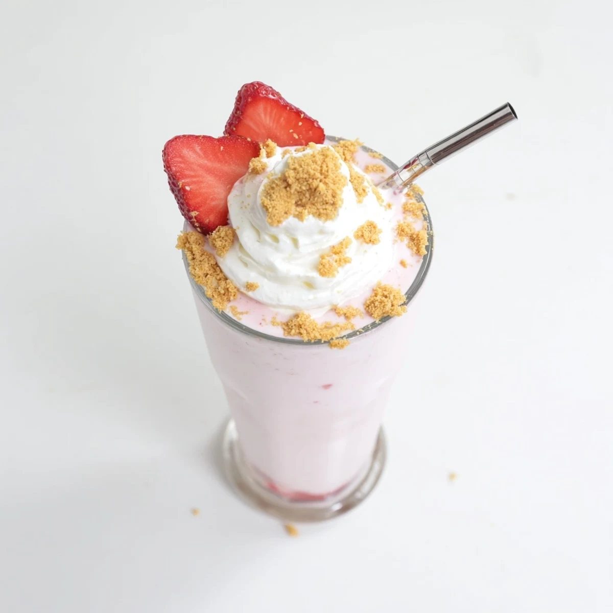 Creamy strawberry cheesecake milkshake garnished with crushed graham crackers and red strawberry halves