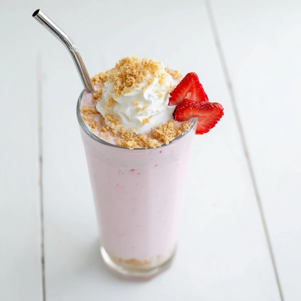 Rich pink strawberry cheesecake milkshake served in chilled glass with dollop of whipped cream