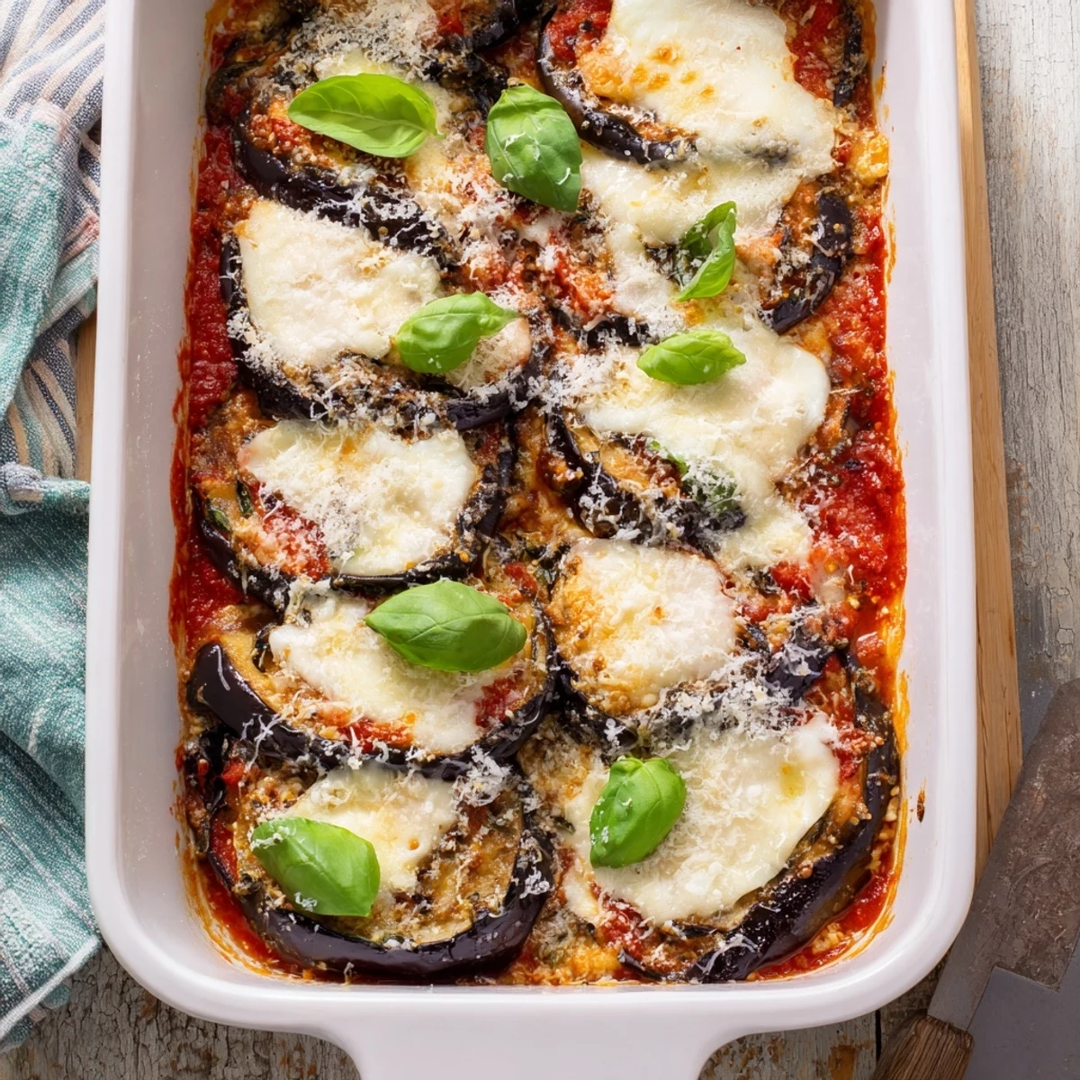 Golden bubbling Ricotta Eggplant Casserole with layers of roasted eggplant and melted mozzarella cheese