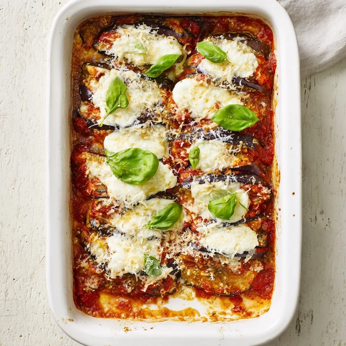 Baked Ricotta Eggplant Casserole topped with fresh basil and served on a white dinner plate