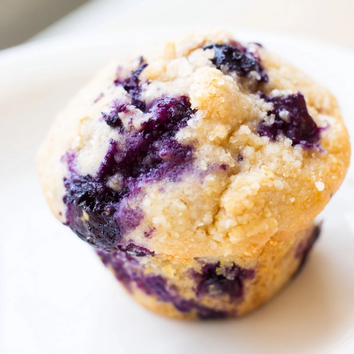 Moist almond flour blueberry muffins with Greek yogurt cooling on wire rack with scattered blueberries