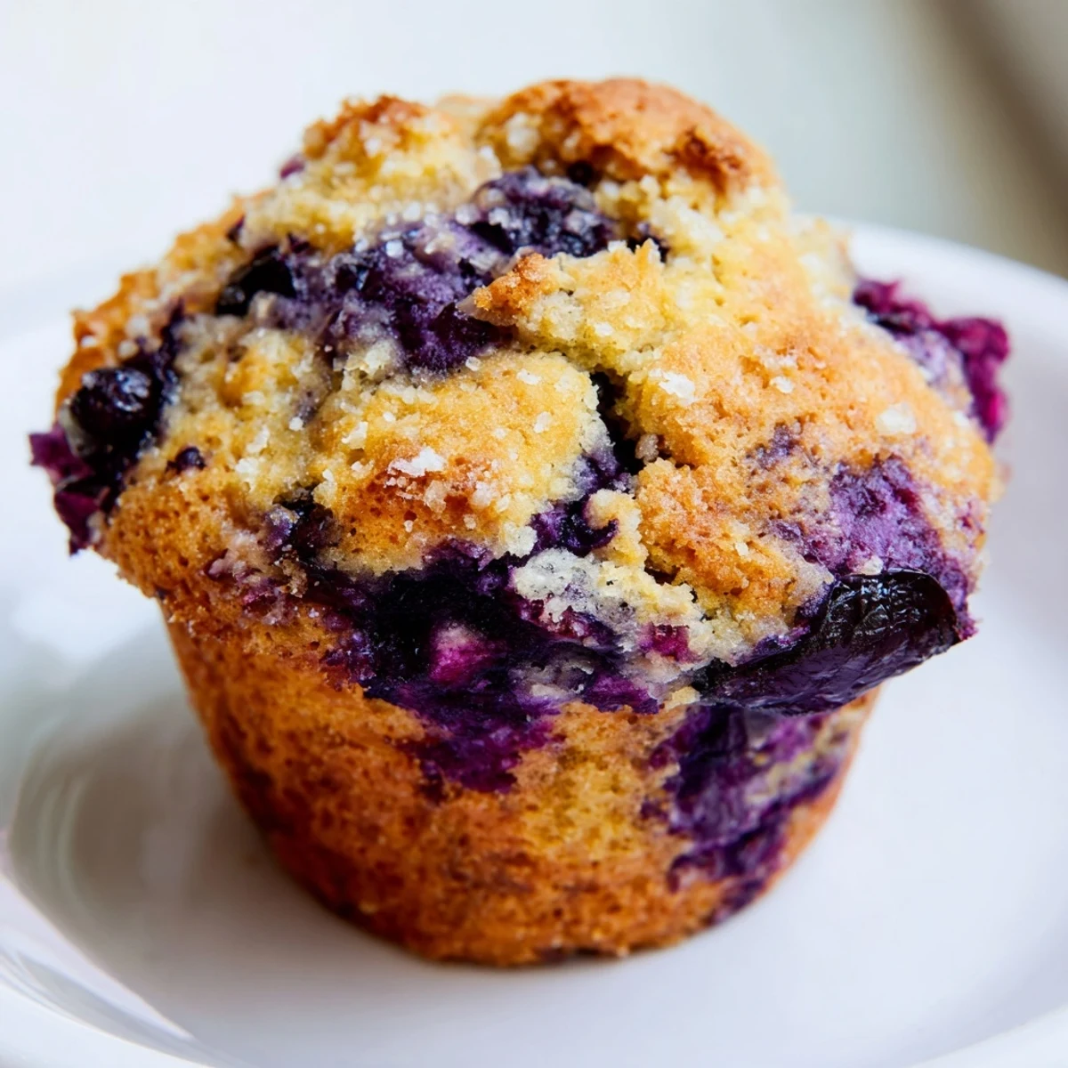 Gluten-free blueberry muffins made with almond flour and Greek yogurt topped with golden crumbly tops