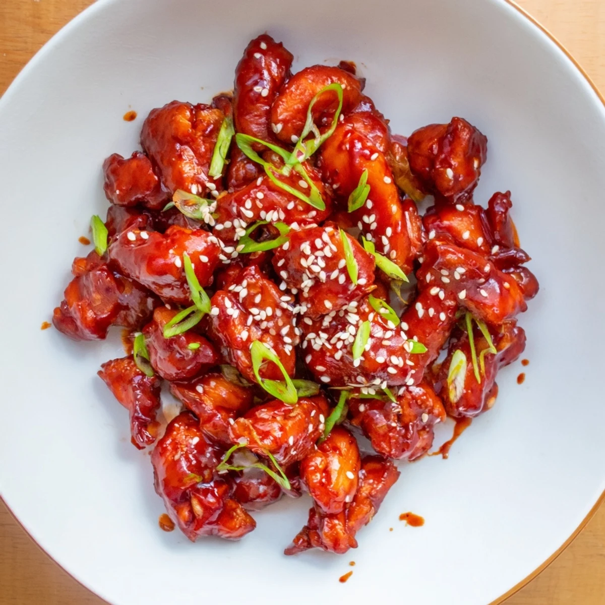 Tender glazed gochujang chicken pieces garnished with green onions and sesame seeds on a white plate