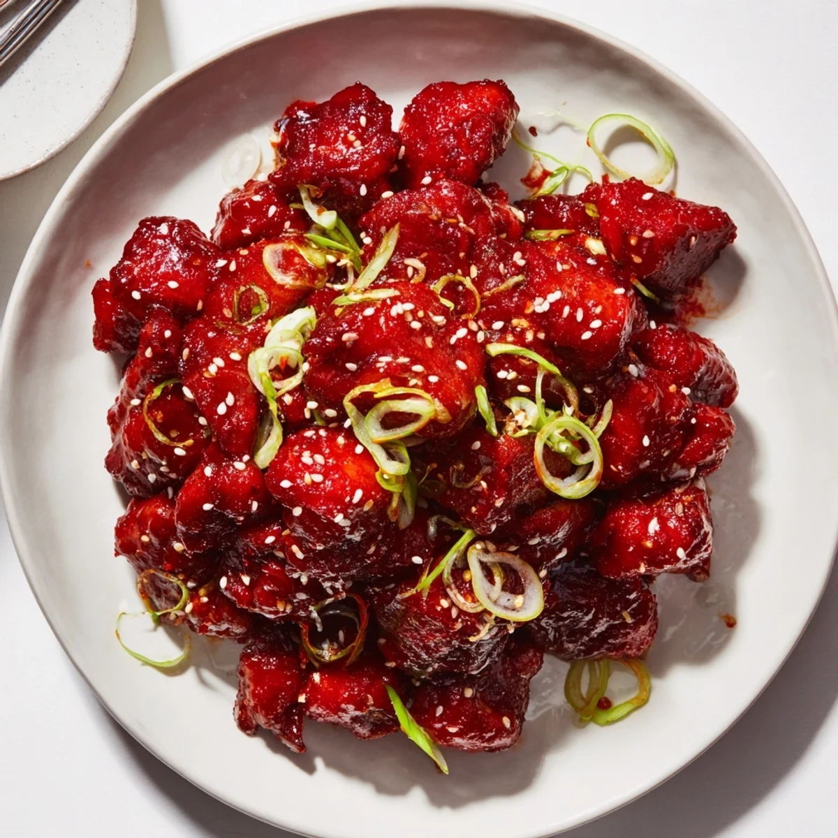 Caramelized Korean spicy chicken thighs coated in thick red chili sauce and served over steamed white rice