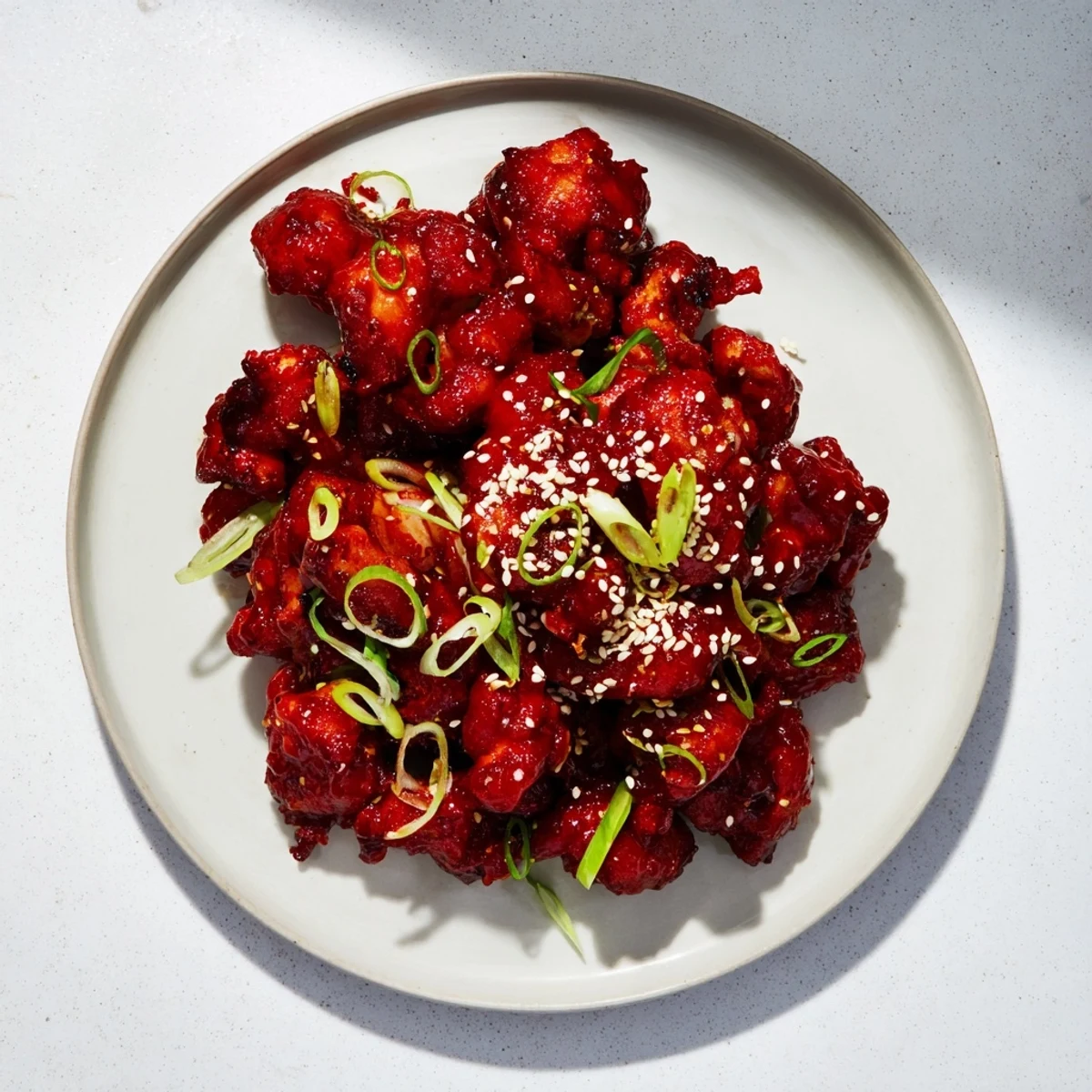 Savory sweet gochujang chicken with caramelized edges topped with fresh scallions and toasted sesame seeds
