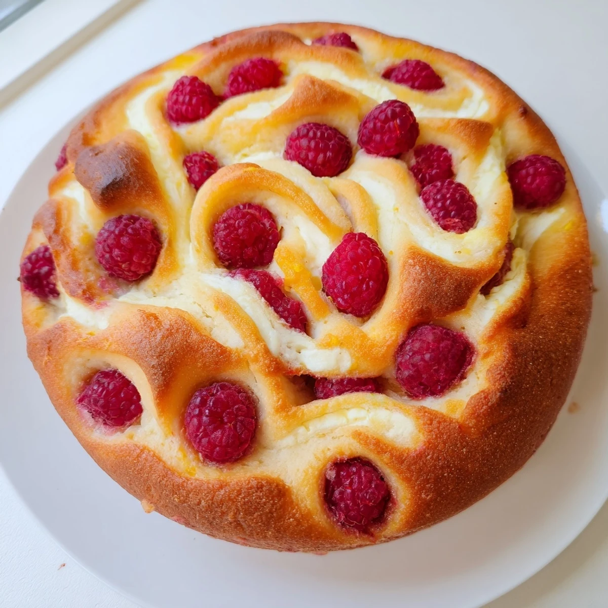 Golden raspberry cheesecake sourdough focaccia with creamy swirls and juicy berries on a wooden board
