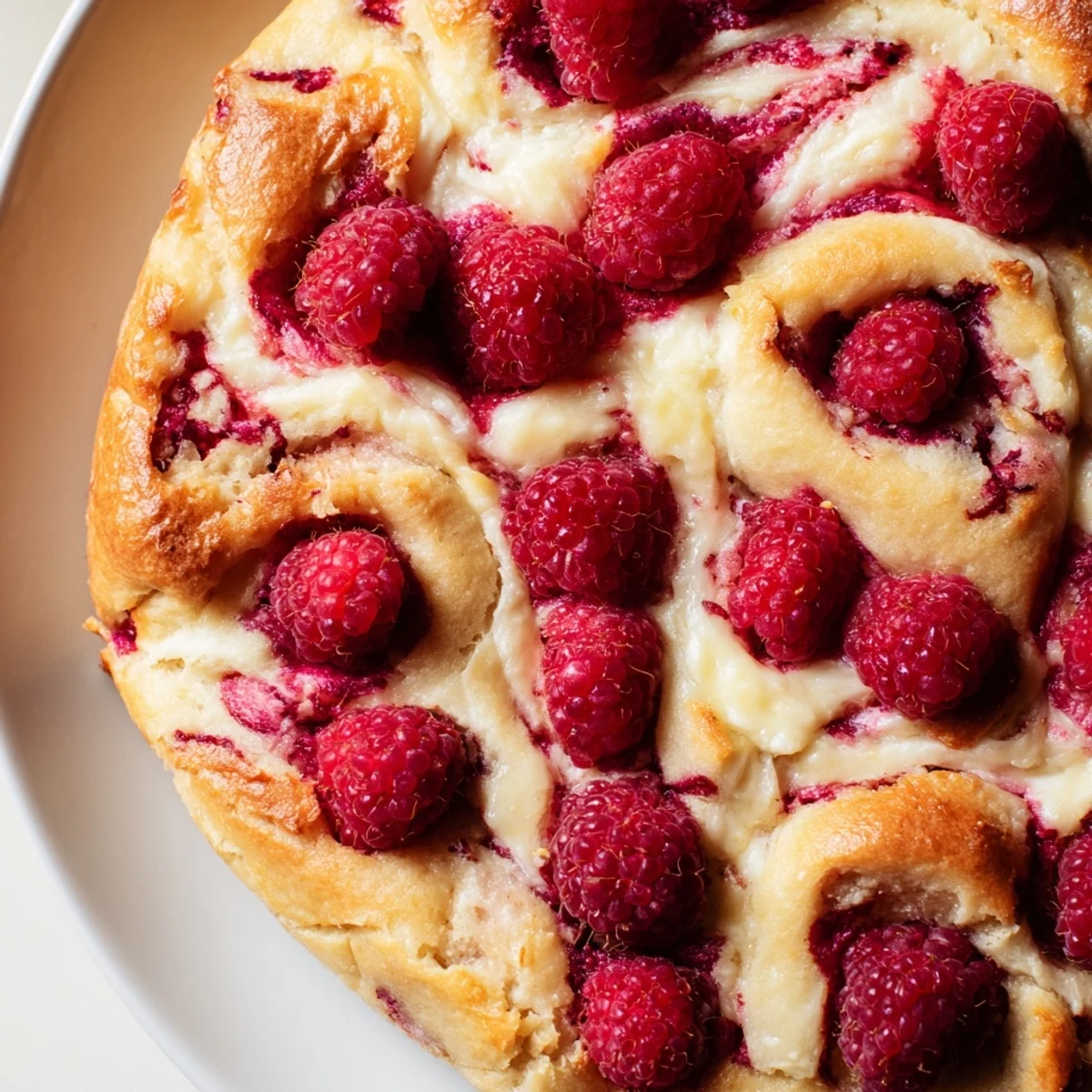 Fluffy sweet and tangy raspberry cheesecake sourdough focaccia topped with fresh vibrant red raspberries