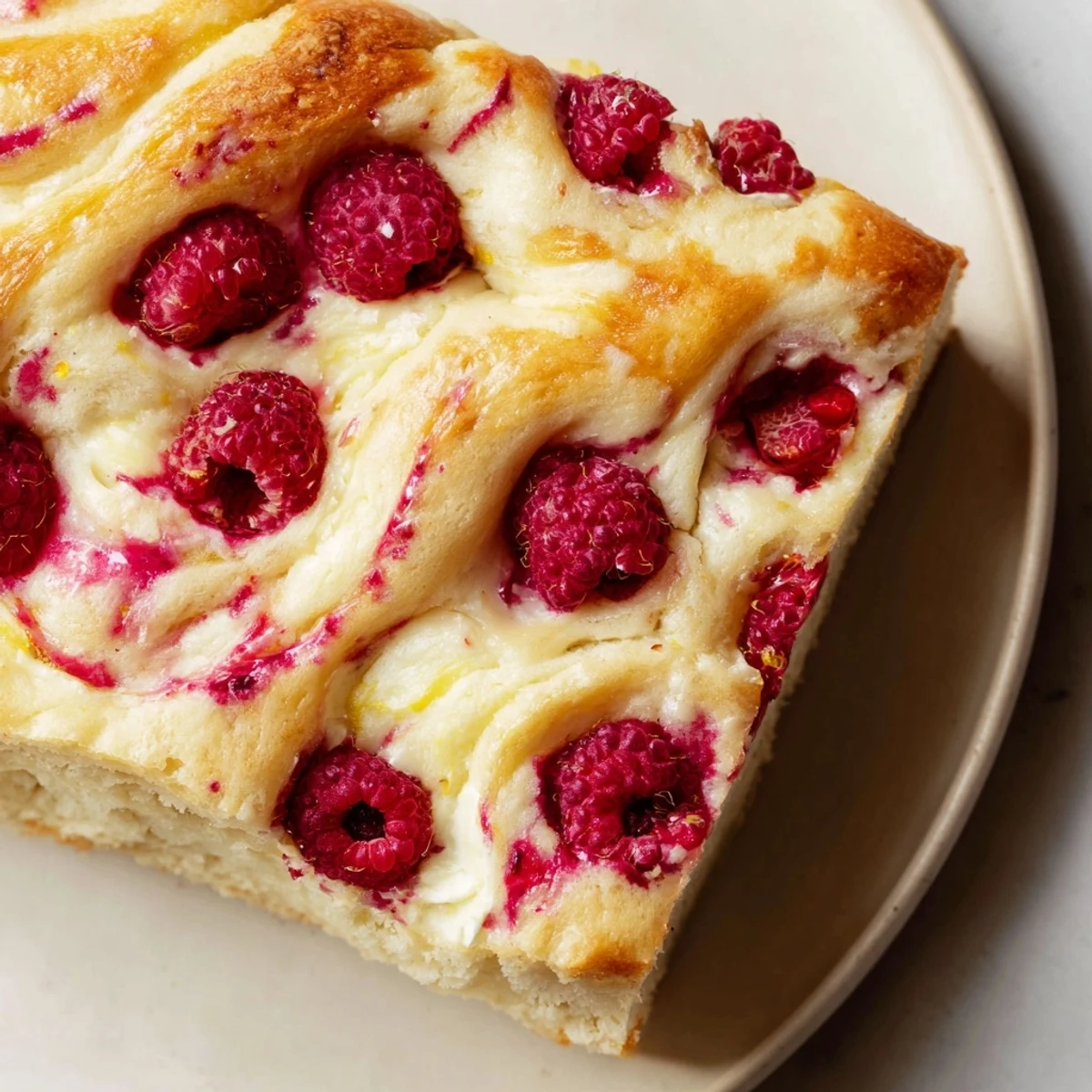 Rustic raspberry cheesecake sourdough focaccia sliced to reveal golden crumb and cheesecake layers