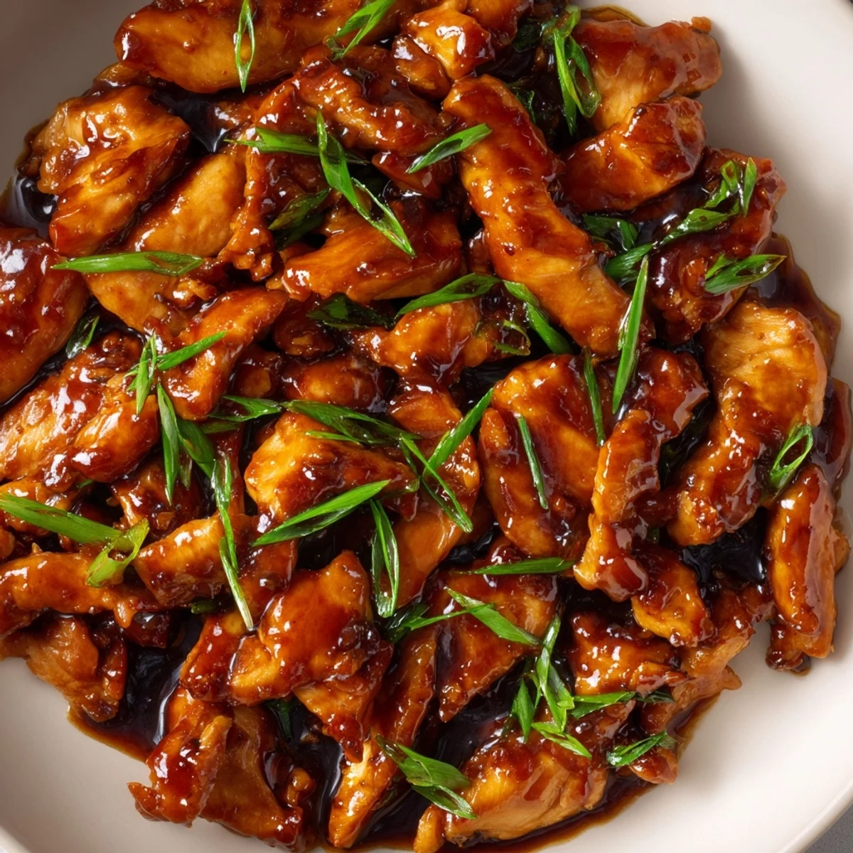 Mongolian chicken stir-fried in sweet savory hoisin sauce topped with fresh green scallions