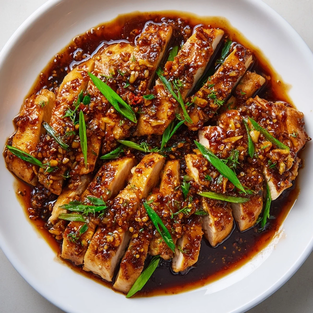 Plate of tender Mongolian chicken drizzled with thick Asian sauce over fluffy white rice