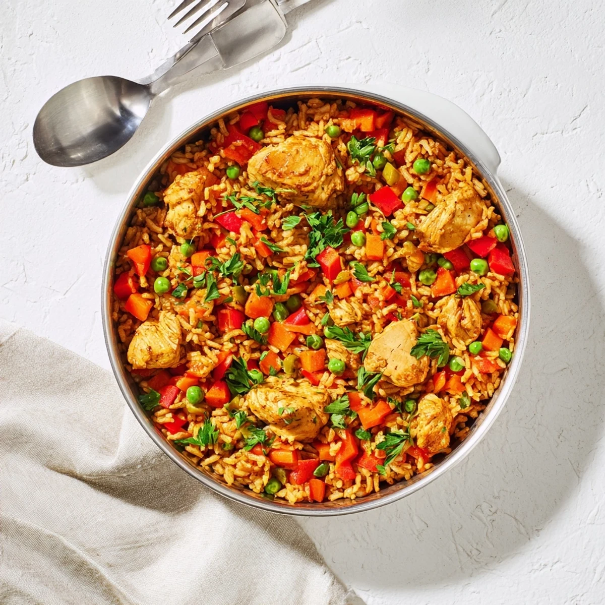 Tender marinated chicken pieces served over fragrant spiced rice with peas and fresh parsley garnish in one pot shawarma chicken and rice