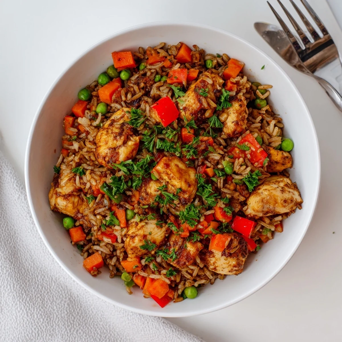 Rich aromatic Middle Eastern inspired one pot shawarma chicken and rice featuring tender meat and vegetables steamed together with seasoned long grain rice