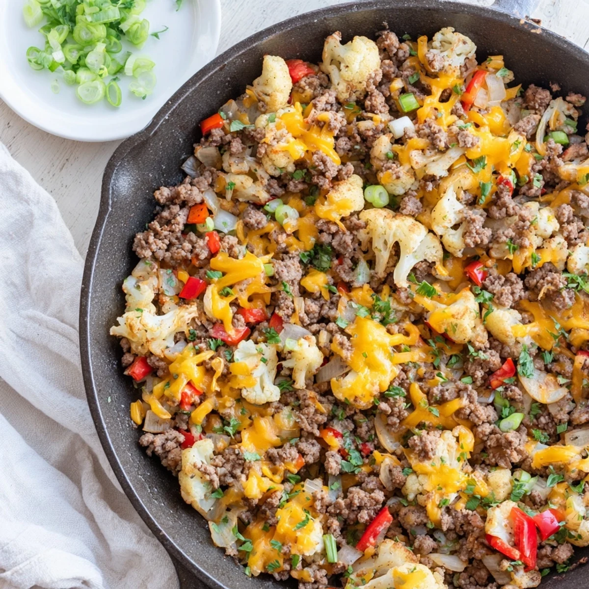 Golden cauliflower and savory ground beef hash sizzling in a cast iron skillet with colorful peppers and onions