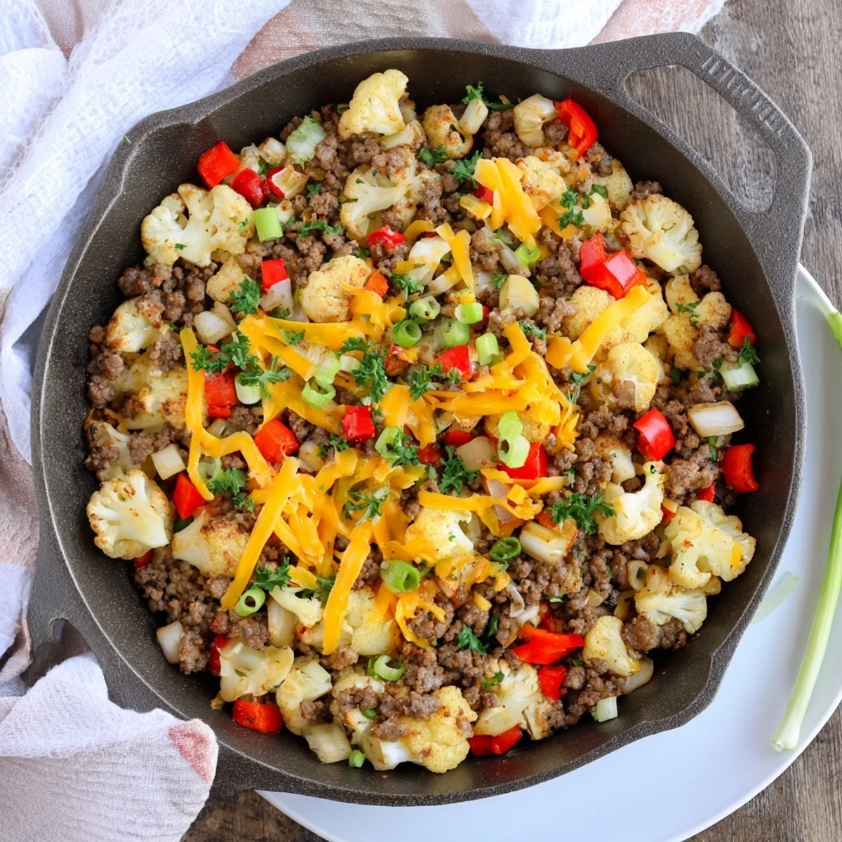 Hearty low-carb cauliflower and ground beef hash topped with melted cheddar and fresh green onions