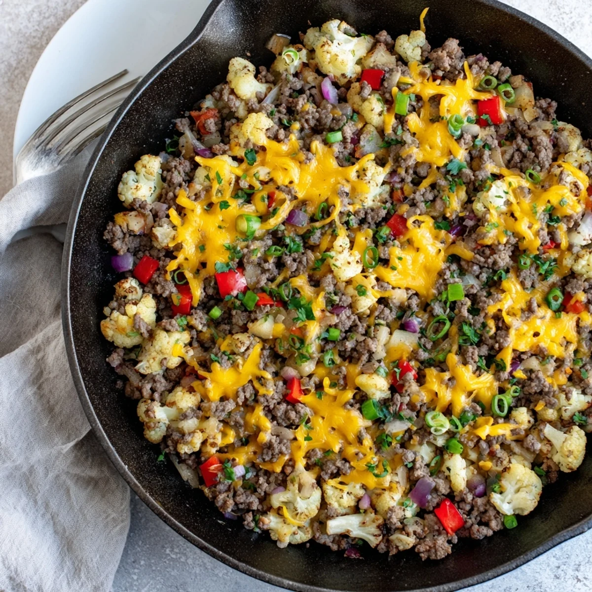 Skillet-cooked cauliflower and ground beef hash featuring tender florets, spices, and a satisfying weeknight dinner presentation