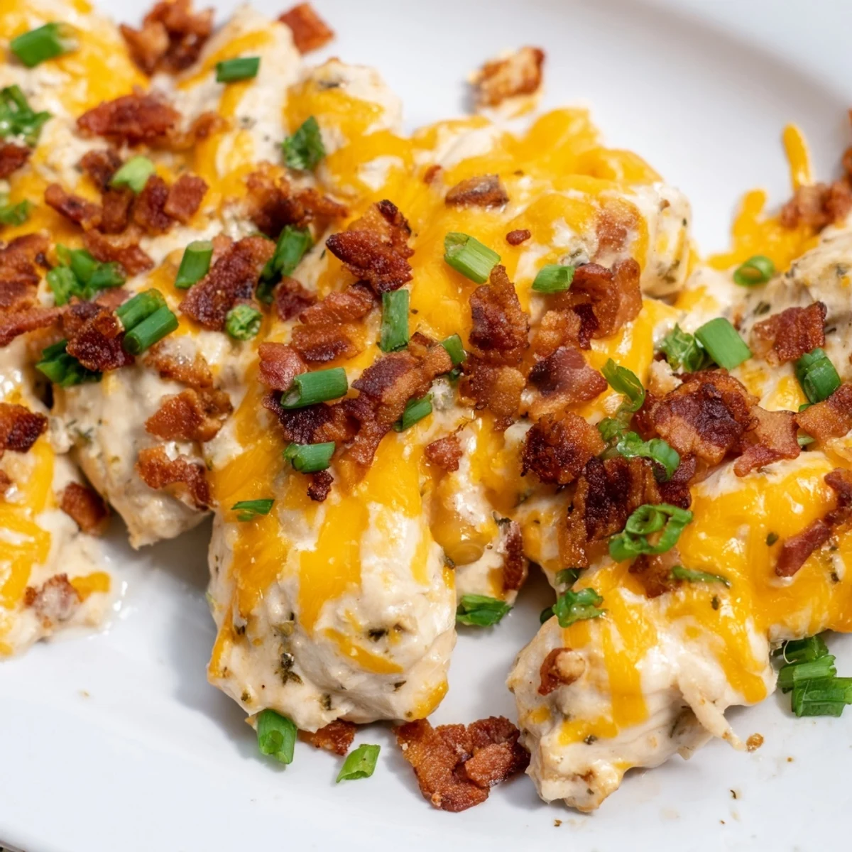 Golden baked crack chicken topped with melted cheddar and crispy bacon crumbles