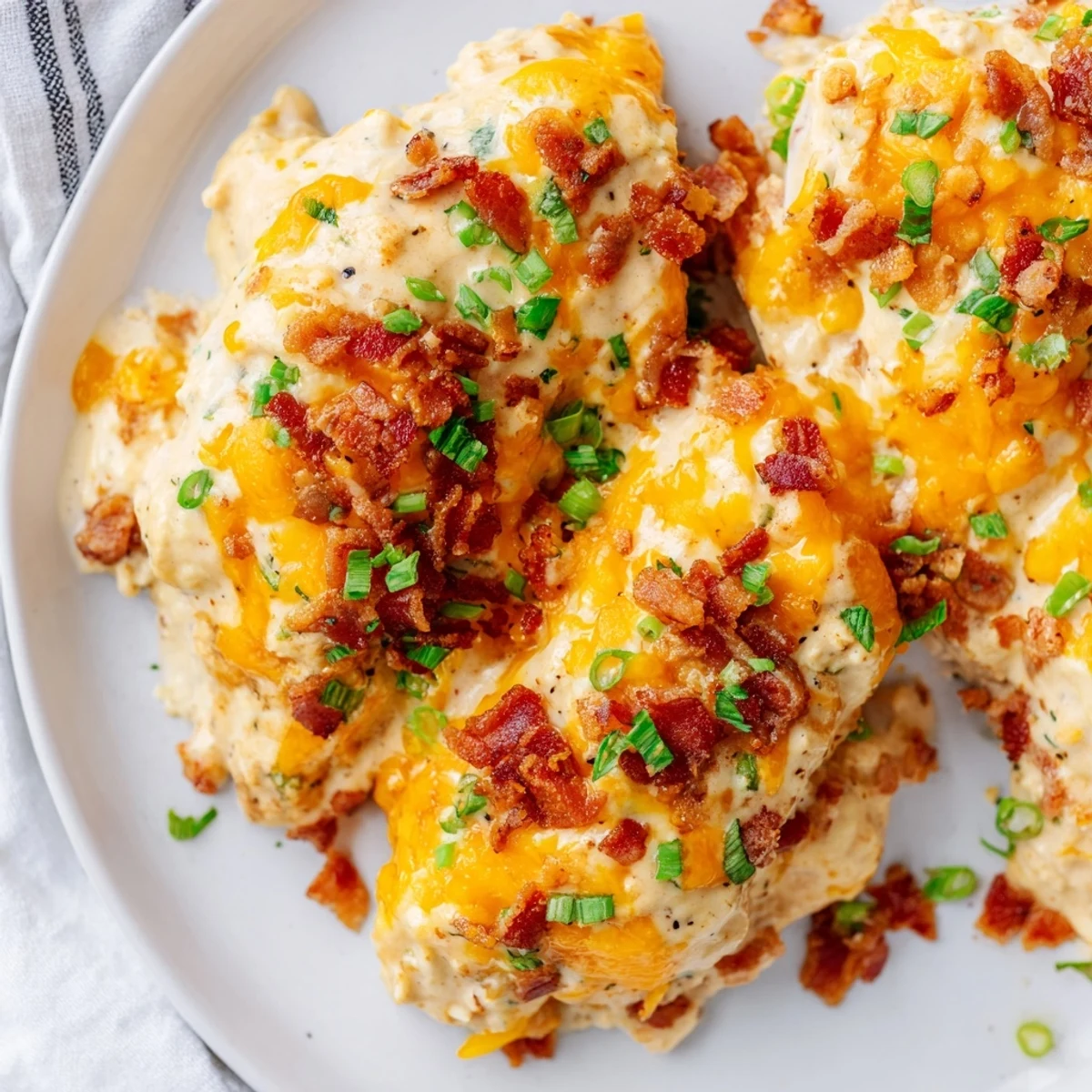 Creamy ranch-seasoned chicken breasts bubbling with cheese and savory bacon garnish