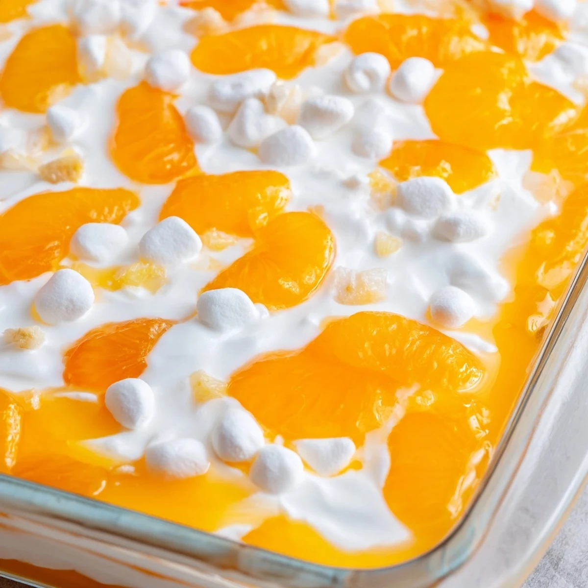 Creamy orange gelatin layered dessert topped with fluffy white whipped topping and marshmallows