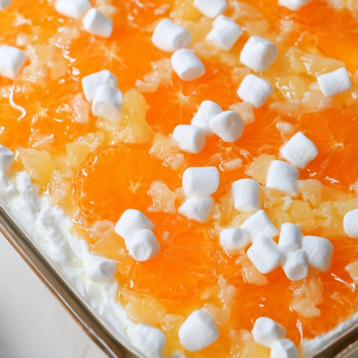 Festive Easter orange jello salad with fruit suspended in bright wobbly gelatin