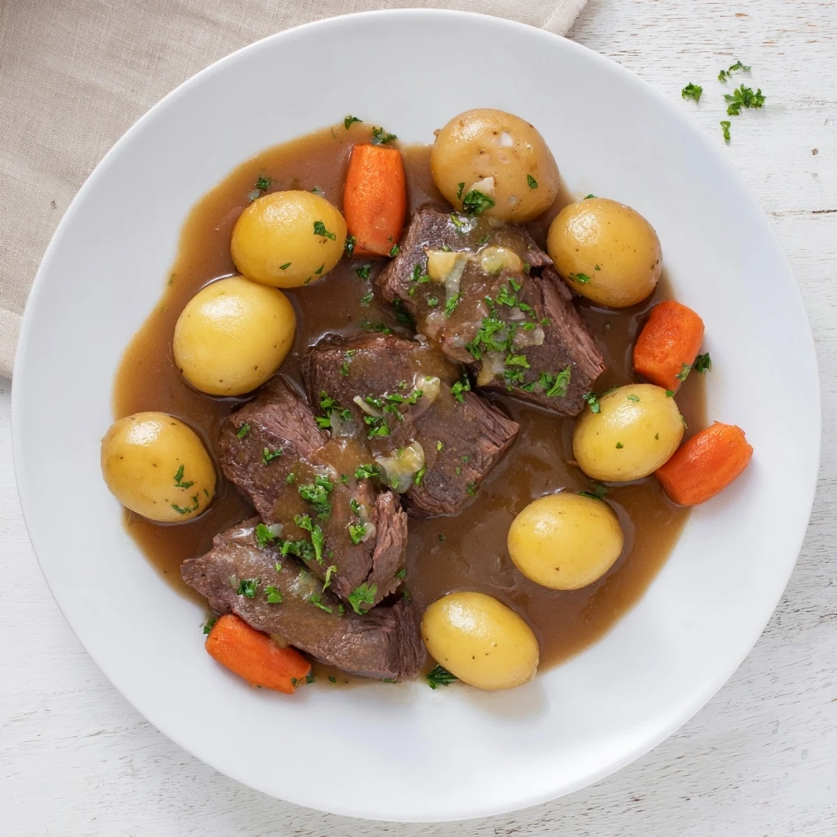 Tender French onion pot roast with caramelized onions and melted Gruyère cheese
