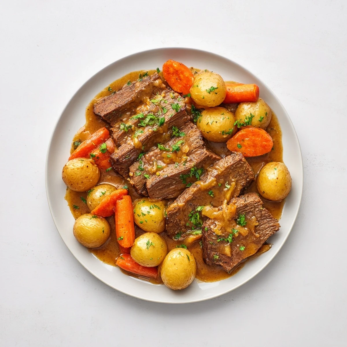 Fork-tender beef chuck roast braised with baby potatoes and carrots in rich gravy