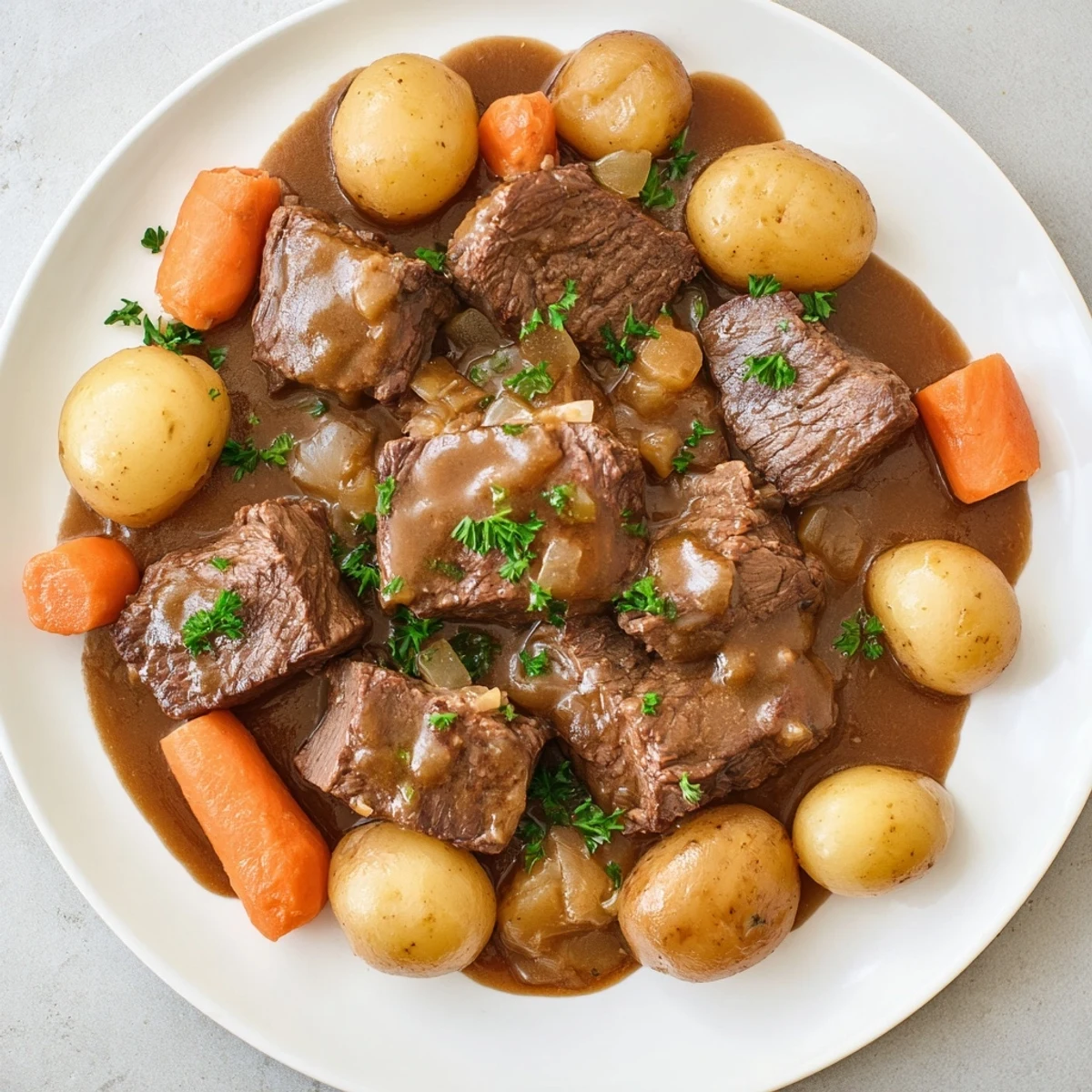 Golden-brown French onion pot roast sliced and served with roasted vegetables