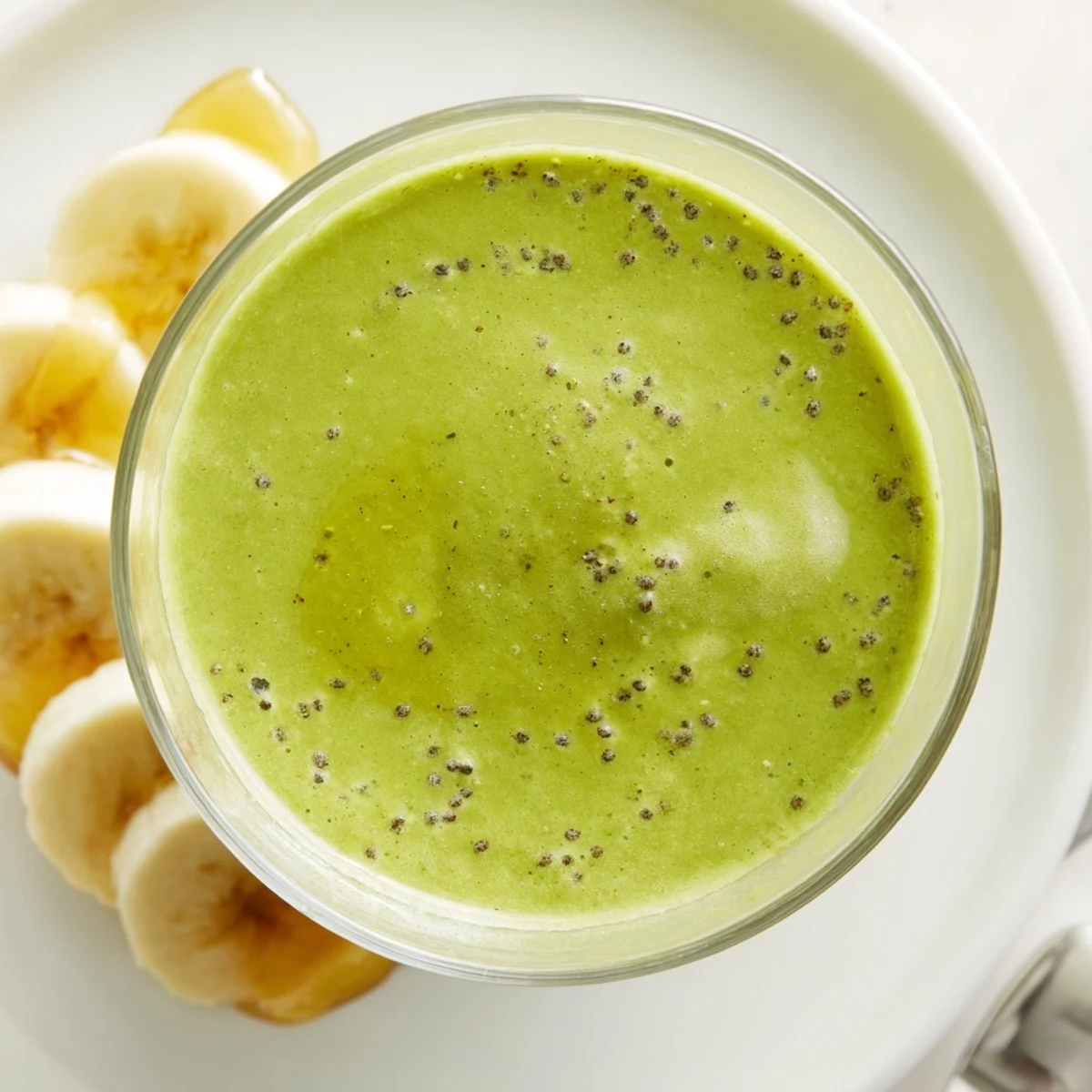 Fresh energizing banana matcha smoothie blender bowl with sliced bananas and matcha powder on wooden counter