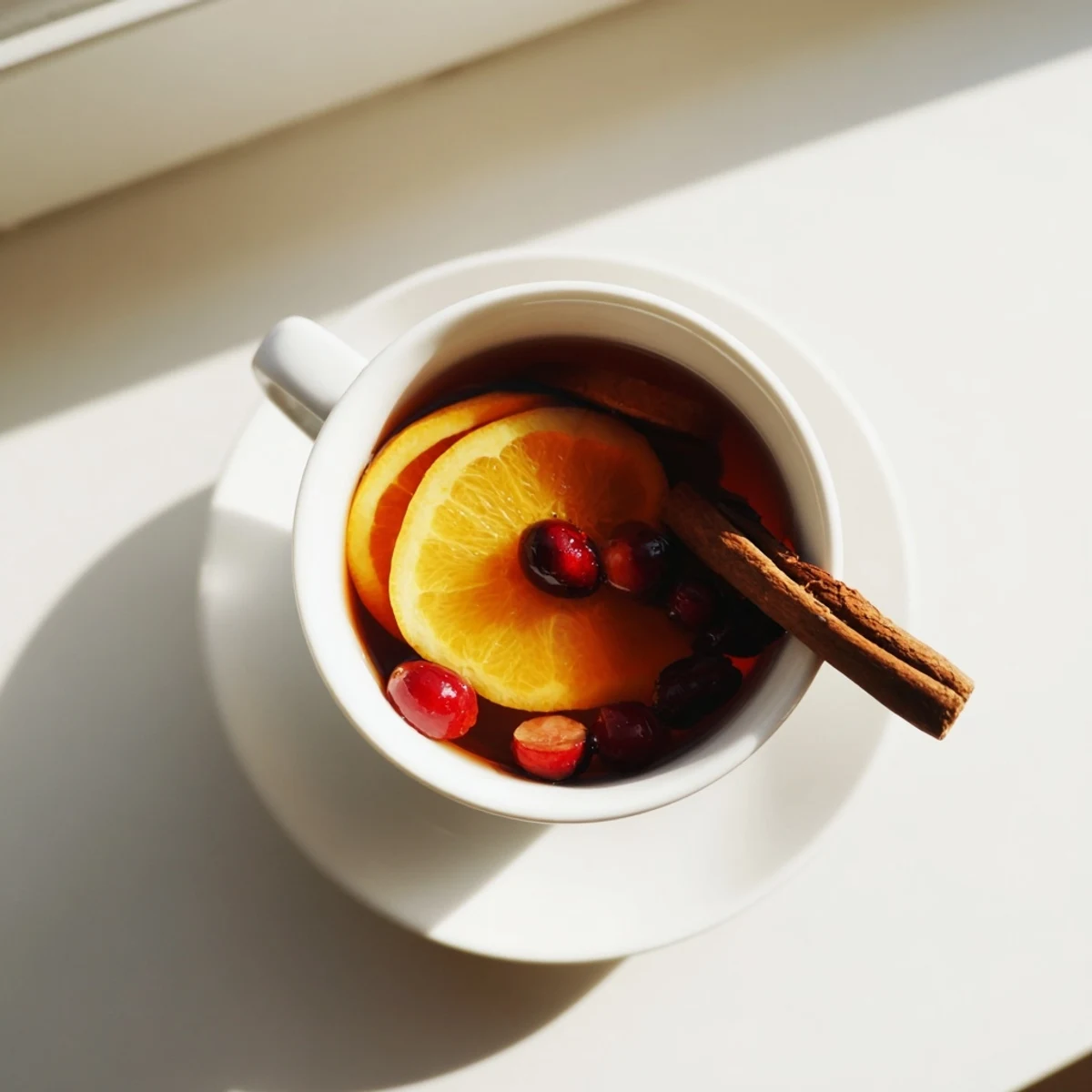 Golden Orange Cranberry Tea featuring tart cranberries floating beside whole cloves and star anise in a white teapot