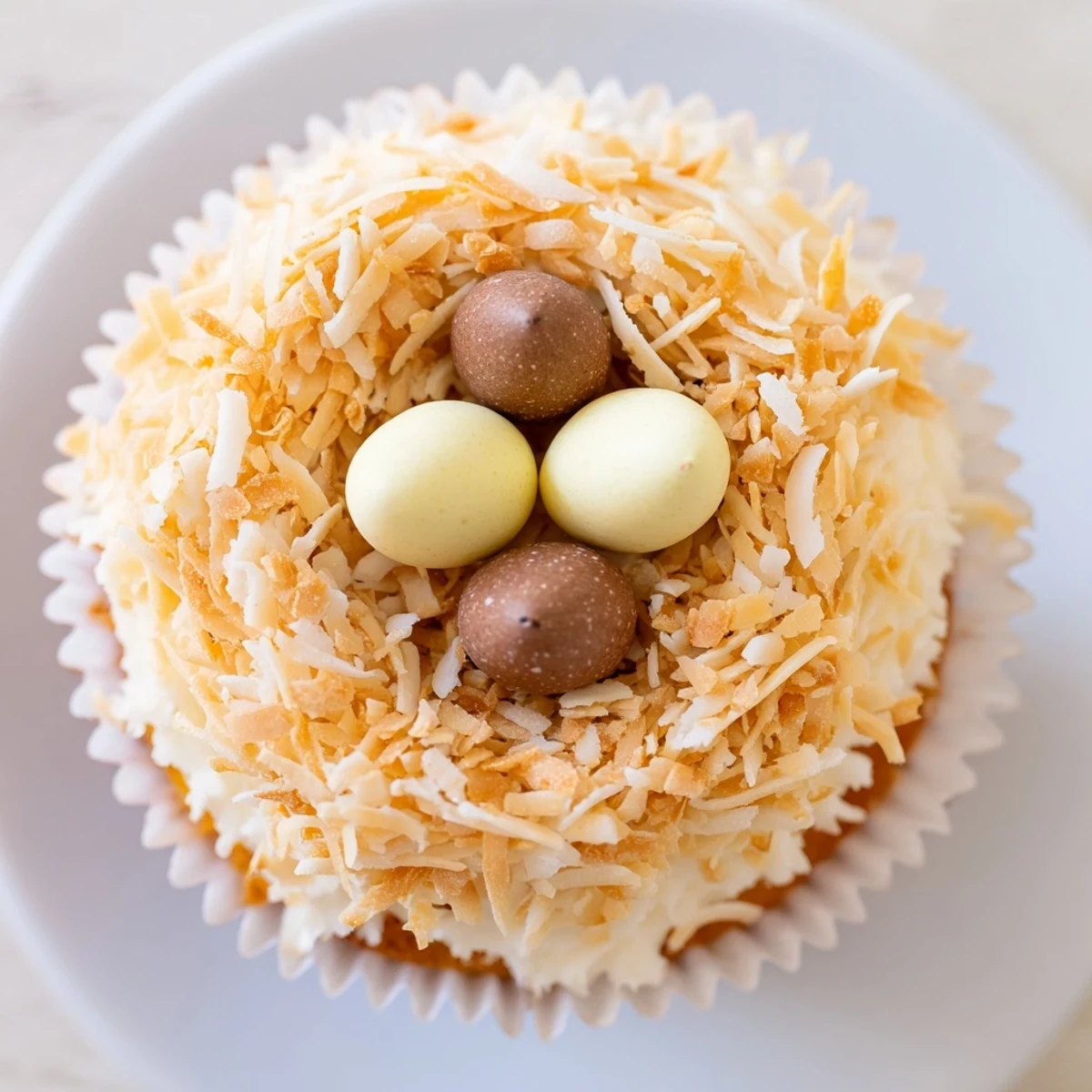 Moist vanilla cupcakes featuring sweet coconut nests and pastel chocolate egg decorations