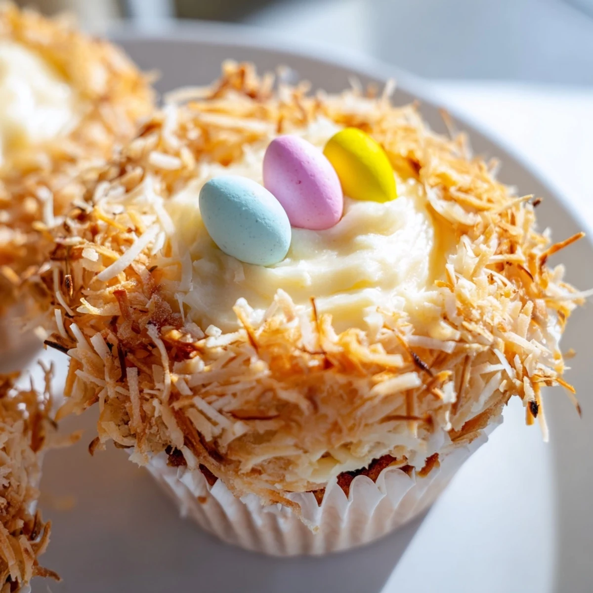 Golden coconut nest cupcakes topped with fluffy white frosting and colorful chocolate eggs