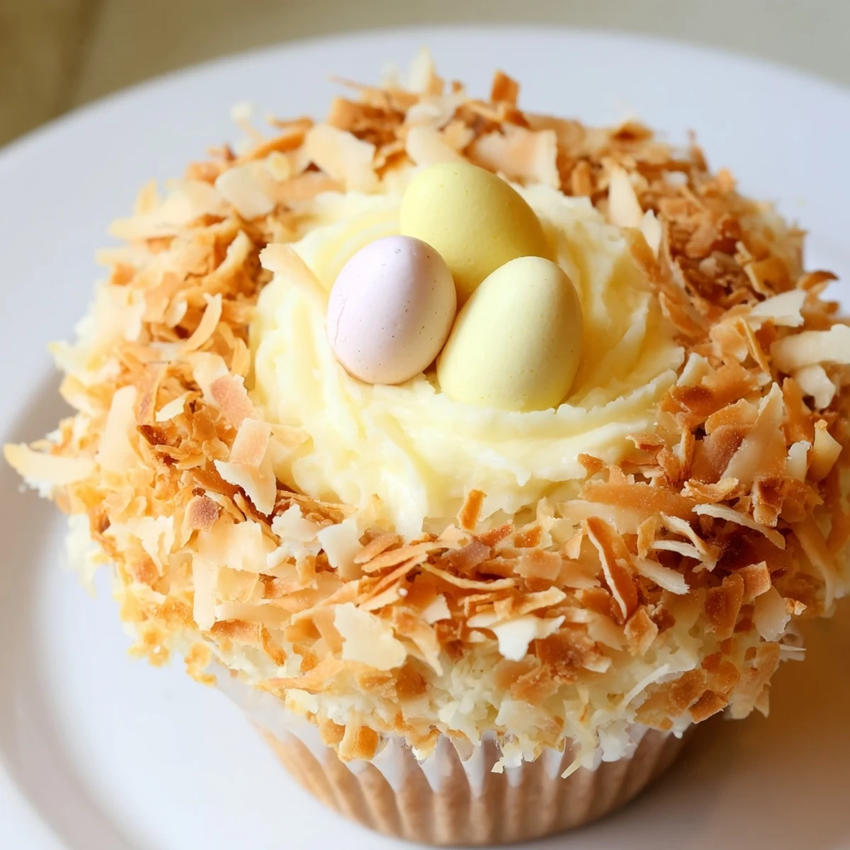 Easter coconut nest cupcakes with toasted coconut frosting and mini chocolate egg centers