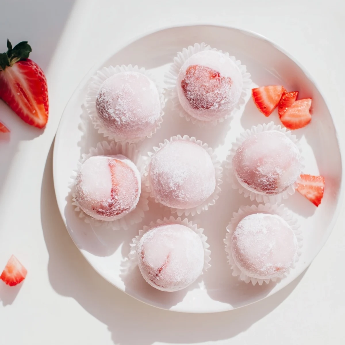 Soft pink vegan strawberry mochi ice cream ball dusted with white starch on dark background