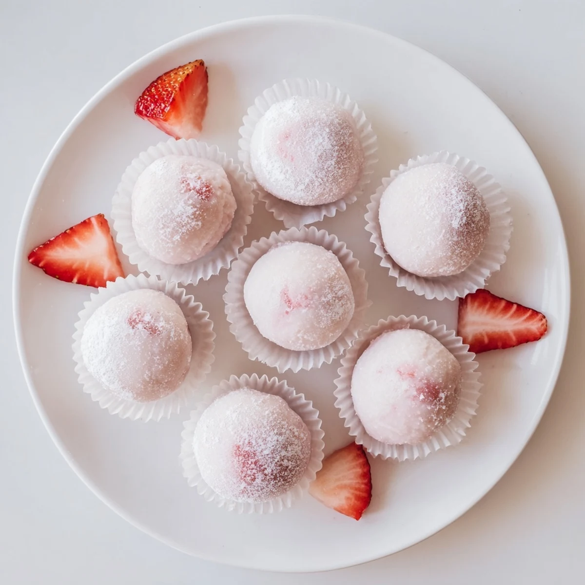 Handheld vegan strawberry mochi ice cream with pink center showing through white dusted exterior