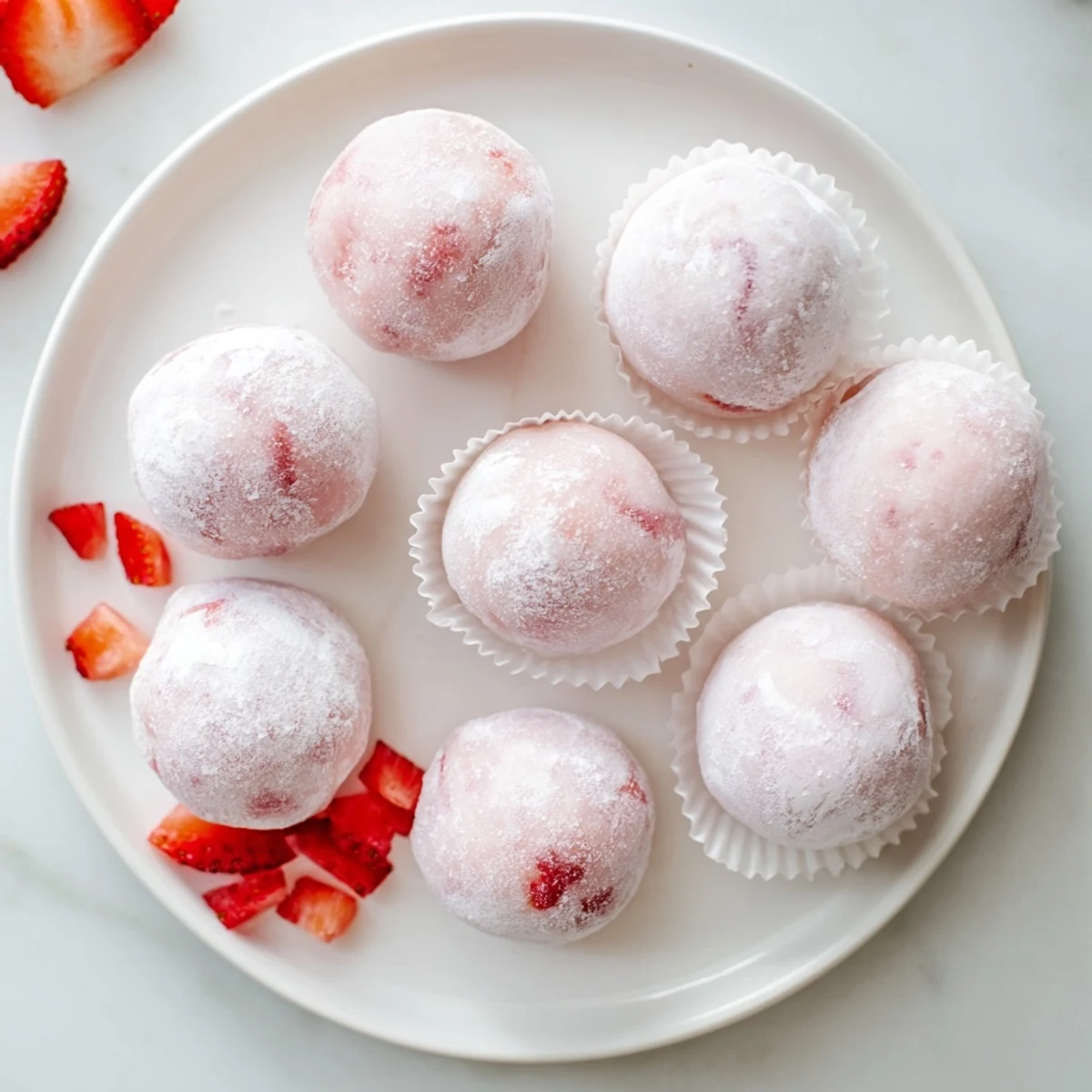 Chewy mochi wrapped around creamy pink strawberry ice cream with powdered coating visible