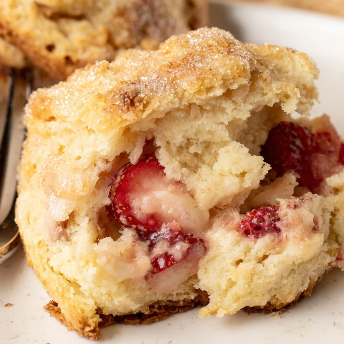 Golden brown strawberries and cream scones scattered with sugar on a wooden board