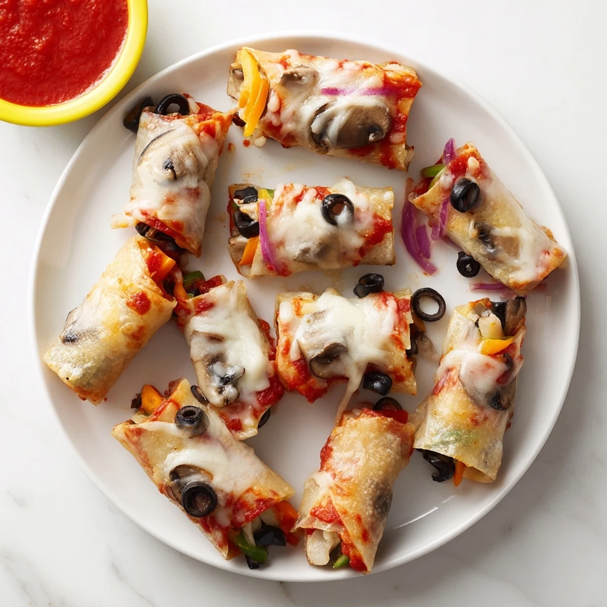 Golden crispy rice paper pizza rolls filled with melted mozzarella and colorful bell pepper chunks