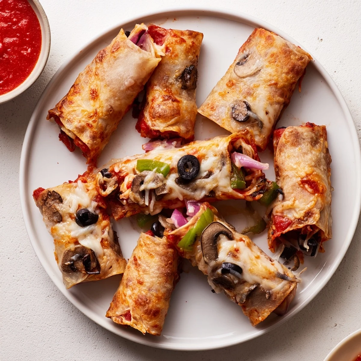Pan-fried rice paper pizza rolls featuring bubbling cheese and sliced black olives on a white plate