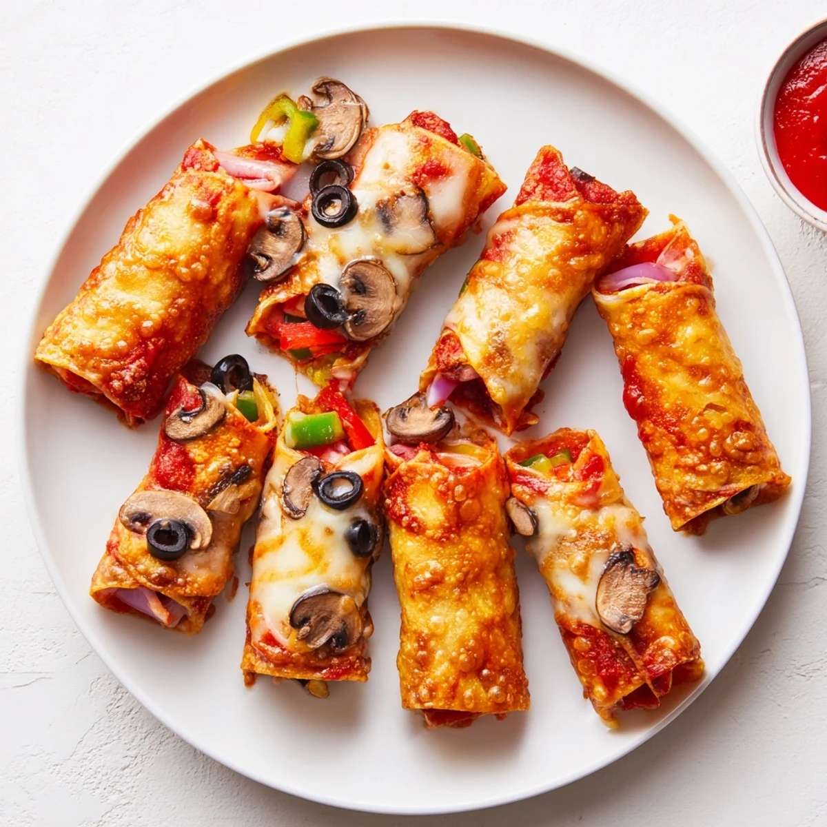 Chewy rice paper pizza rolls stuffed with pizza sauce vegetables and herbs ready for dipping