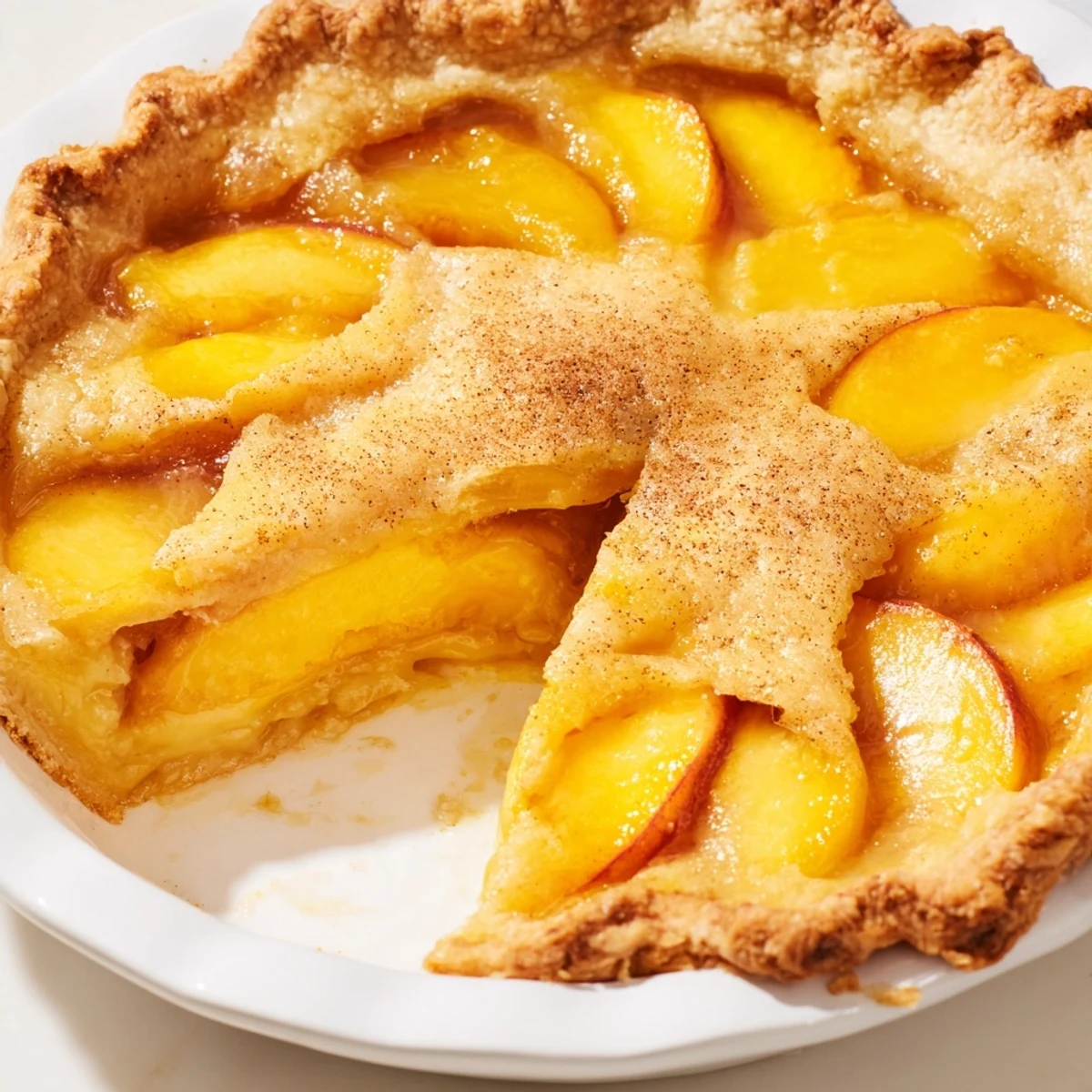 Golden peach custard pie with fresh sliced peaches nestled in creamy vanilla custard filling