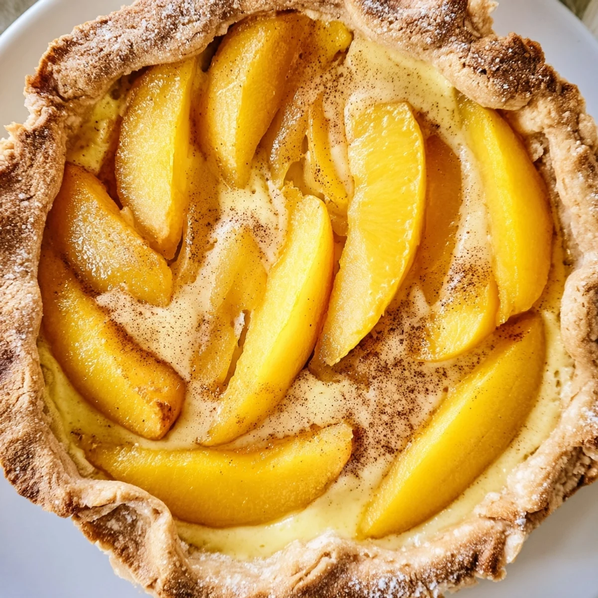 Slice of homemade peach custard pie on white plate with flaky golden pastry crust