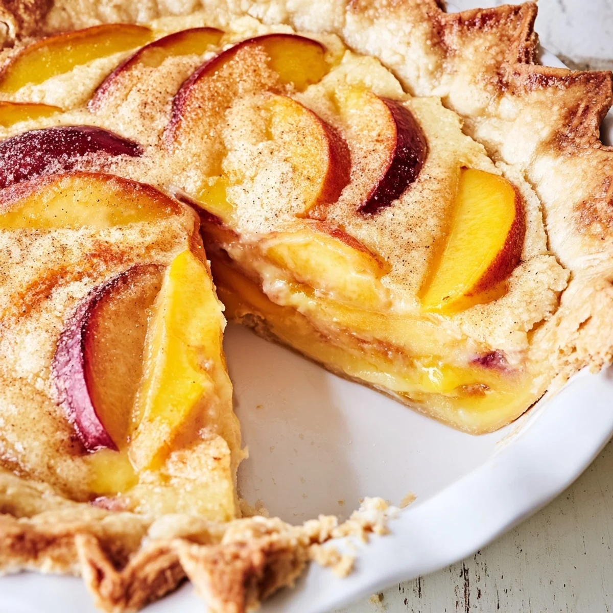 Baked peach custard pie showing silky egg custard layered with sweet summer peaches