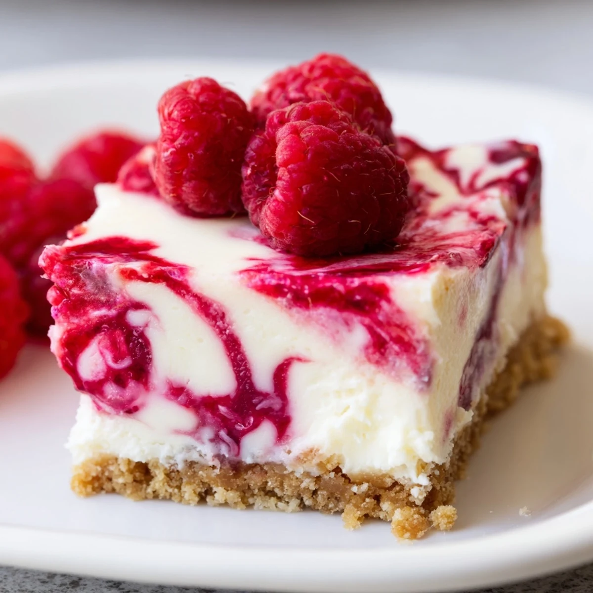 Creamy raspberry cheesecake slice with vibrant red swirls and buttery graham cracker crust
