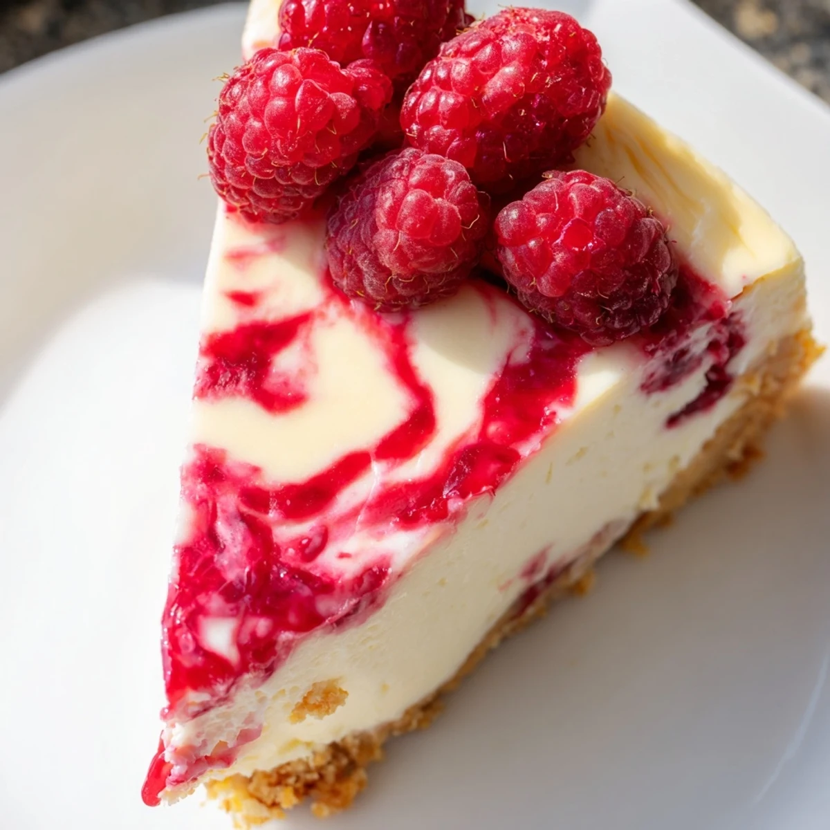 Luscious homemade creamy raspberry cheesecake topped with fresh berries on a white plate